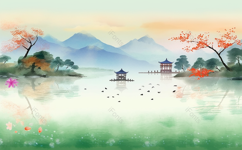 中国风水墨画亭台楼阁山水风景创意插画,插画/手绘图,插画/手绘图库,插画/手绘图下载,插画/手绘